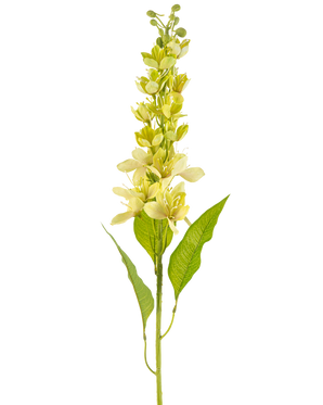 Il fiore artificiale Mela asiatica verde 84 cm ha un unico stelo alto con molteplici fiori giallo chiaro e foglie verdi allungate, raffigurati su sfondo bianco.