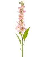 Een enkele Kunstbloem Aziatische appel 84 cm roze met lichtroze bloemen en slanke groene bladeren, verticaal gerangschikt tegen een witte achtergrond.