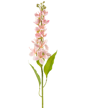 Un unico fiore artificiale di mela asiatica di 84 cm di colore rosa con fiori rosa pallido e sottili foglie verdi, disposti verticalmente su sfondo bianco.