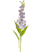 De Kunstbloem Aziatische appel 84 cm lavendel heeft een enkele stengel met langwerpige groene bladeren en meerdere kleine, lichtpaarse bloemen die verticaal langs de stengel staan, geïsoleerd op een witte achtergrond.