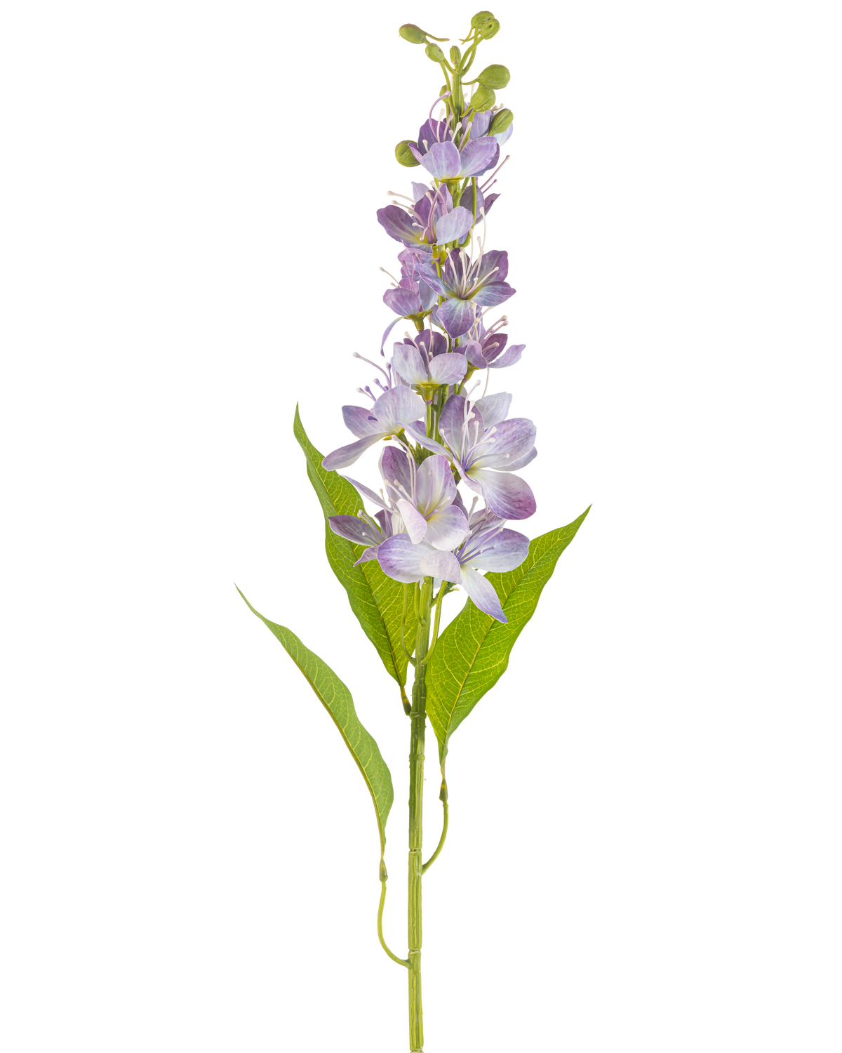 Il fiore artificiale mela asiatica 84 cm lavanda ha un unico stelo con foglie verdi allungate e molteplici piccoli fiori viola chiaro che si ergono verticalmente lungo lo stelo, isolati su uno sfondo bianco.