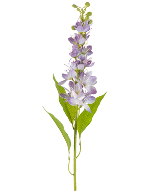 Il fiore artificiale mela asiatica 84 cm lavanda ha un unico stelo con foglie verdi allungate e molteplici piccoli fiori viola chiaro che si ergono verticalmente lungo lo stelo, isolati su uno sfondo bianco.