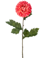 De Kunstbloem Dahlia 75 cm rood is een enkele kunstmatige rode dahlia bloem met gelaagde bloemblaadjes en verschillende groene blaadjes op een lange groene steel, geïsoleerd op een witte achtergrond.