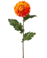 De Kunstbloem Dahlia 75 cm oranje heeft een enkele oranje dahlia met gelaagde bloemblaadjes, groene bladeren en een lange bruine steel, tegen een effen witte achtergrond.