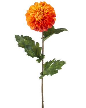Il fiore artificiale Dalia arancione da 75 cm ha una singola dalia arancione con petali stratificati, foglie verdi e un lungo stelo marrone, su uno sfondo bianco semplice.
