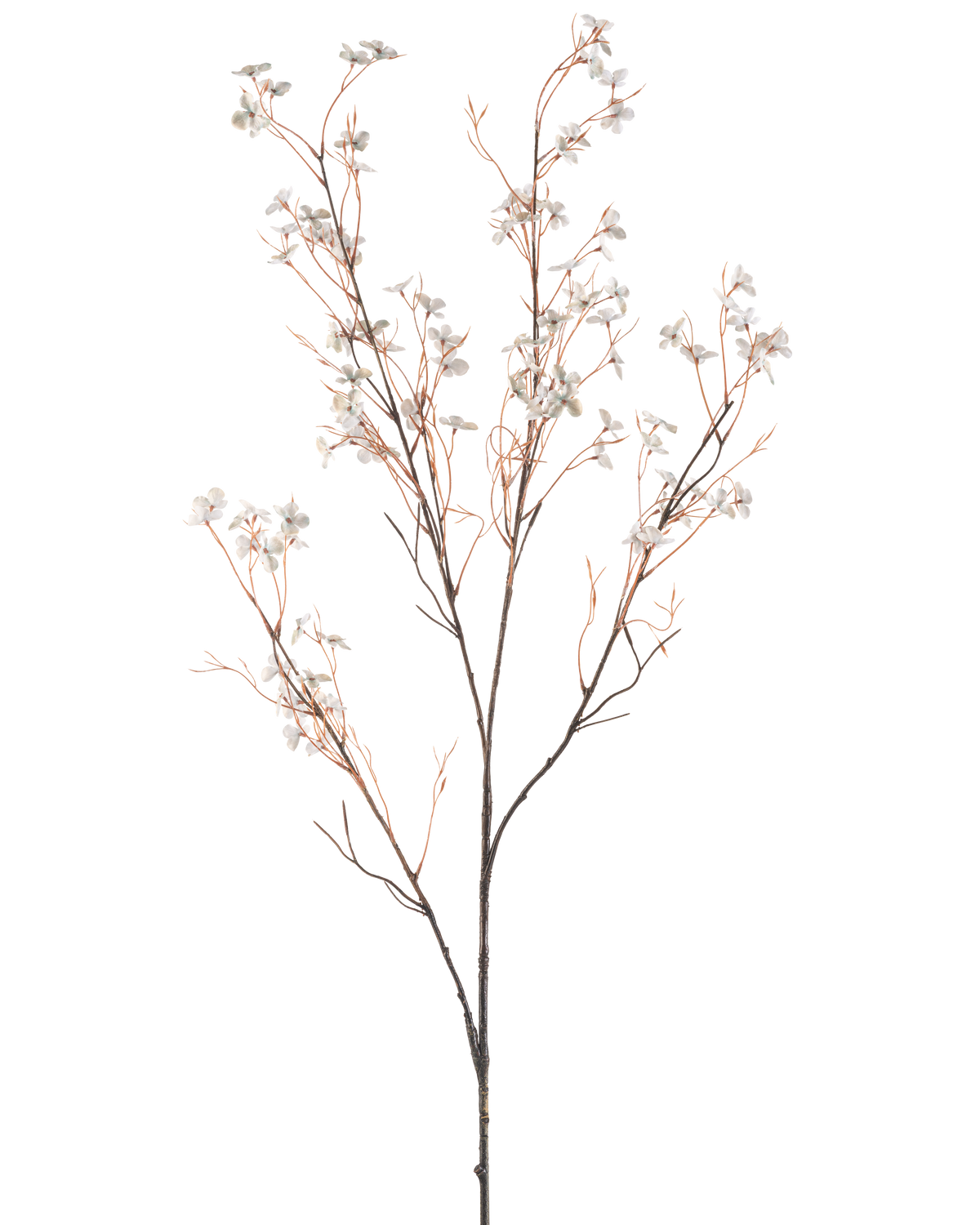 Un fiore artificiale fiori 130 cm azzurro ha delicati rami artificiali con sottili steli marroni e piccoli fiori azzurri su uno sfondo bianco semplice.