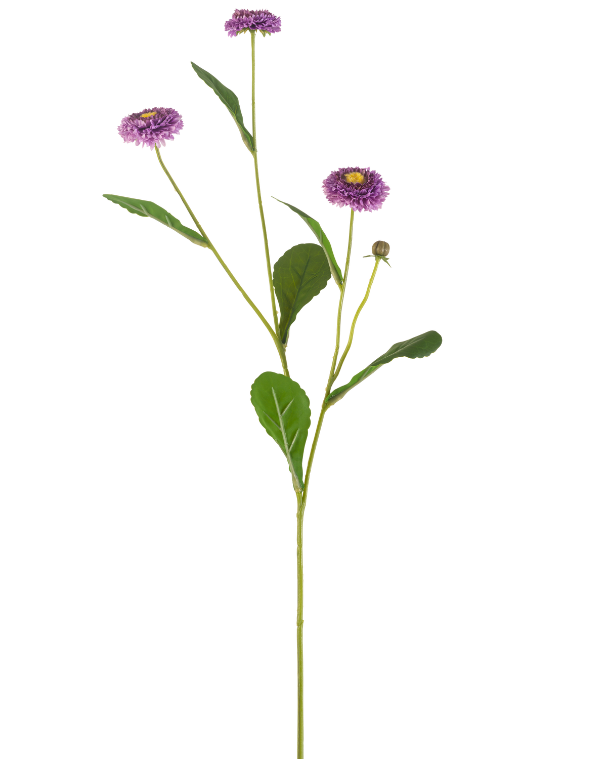 Una griglia estiva di fiori artificiali di 57 cm con un unico stelo verde, tre fiori viola simili a margherite con un cuore giallo e una serie di foglie verdi, raffigurati su un semplice sfondo bianco.
