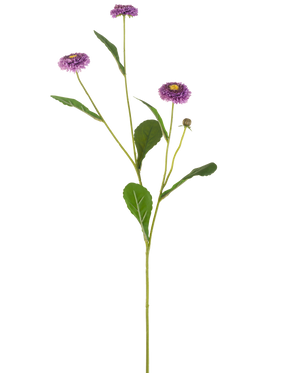 Una griglia estiva di fiori artificiali di 57 cm con un unico stelo verde, tre fiori viola simili a margherite con un cuore giallo e una serie di foglie verdi, raffigurati su un semplice sfondo bianco.