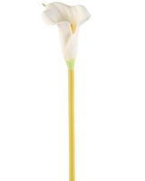 De Kunstbloem Calla 64 cm crème is een enkele kunstmatige witte calla lelie met een lange gele steel, tegen een effen witte achtergrond.