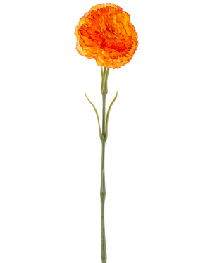 Il fiore artificiale Garofano 57 cm arancione è un garofano artificiale arancione con volant nei petali e un lungo gambo verde, isolato su uno sfondo bianco.