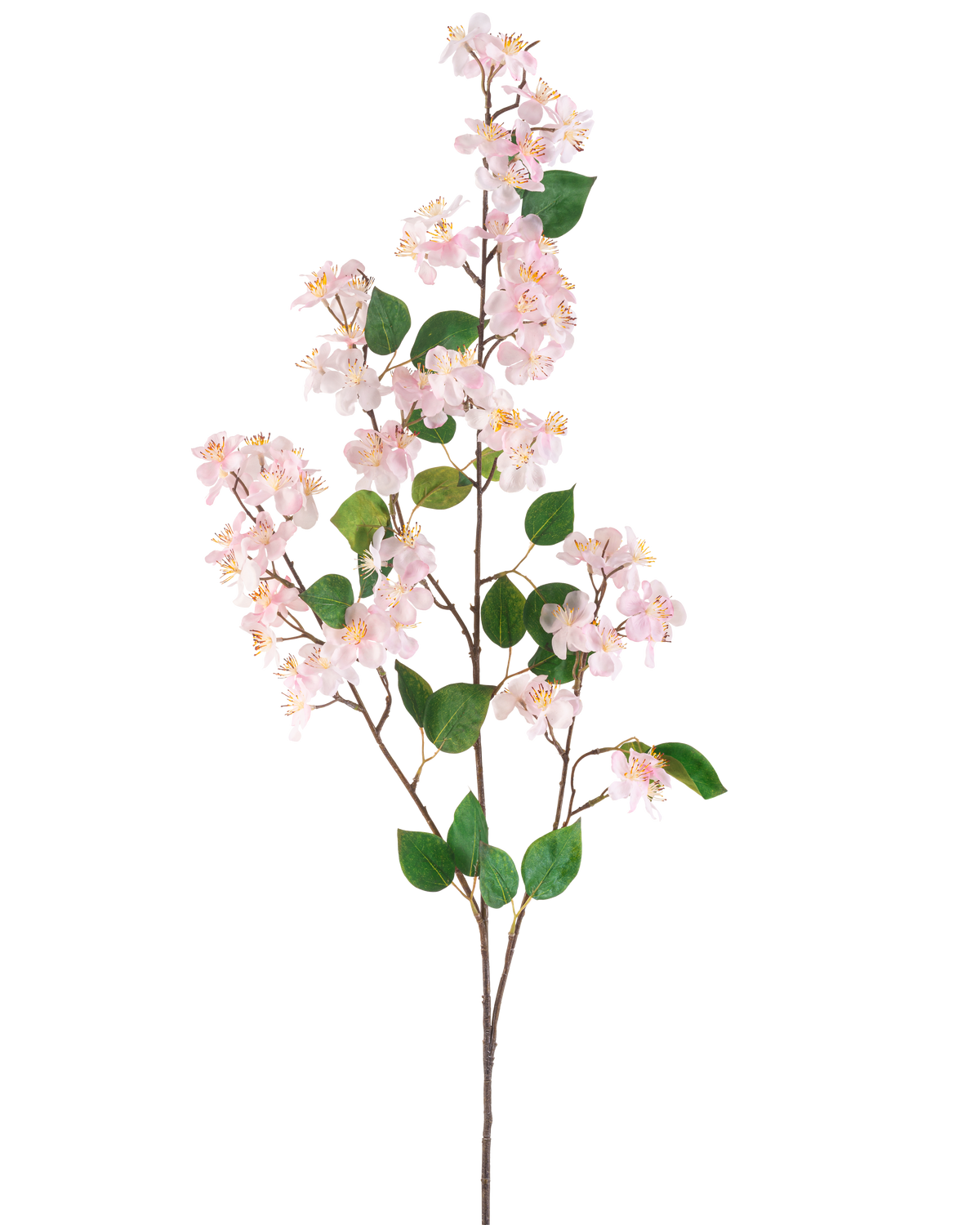 Il fiore artificiale di pesco rosa 140 cm è un ramo artificiale con fiori di pesco rosa chiaro e foglie verdi su sottili steli marroni, raffigurati isolati su uno sfondo bianco.