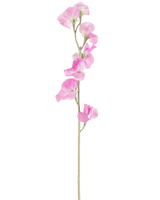 Een enkele Kunstbloem Erwt 64 cm roze heeft delicate, ruche roze bloemblaadjes en een lichtgroene steel, tegen een effen witte achtergrond.