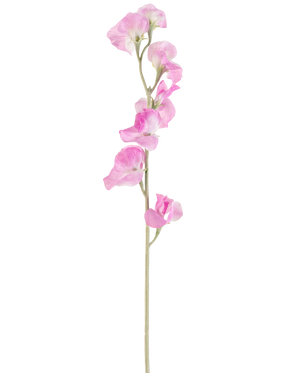Un singolo fiore artificiale di pisello rosa da 64 cm ha delicati petali rosa increspati e uno stelo verde chiaro, su uno sfondo bianco semplice.