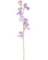 Een enkele Kunstbloem Erwt 64 cm lila met delicate lichtpaarse bloemblaadjes en groene bladeren, geïsoleerd op een witte achtergrond.