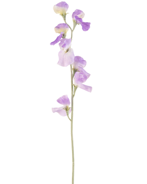 Un singolo fiore artificiale Pisello 64 cm lilla con delicati petali viola chiaro e foglie verdi, isolato su sfondo bianco.