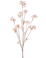 De Kunstbloem Kersenbloesem 130 cm blush heeft meerdere dunne stelen met trossen tere, lichtroze kersenbloesems tegen een effen witte achtergrond.