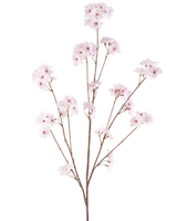 De Kunstbloem Kersenbloesem 130 cm lichtroze heeft meerdere dunne stelen met trosjes tere lichtroze kersenbloesems, prachtig gerangschikt en geïsoleerd op een witte achtergrond.