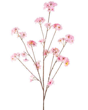 Il fiore artificiale di ciliegio rosa da 130 cm ha un unico stelo marrone che si ramifica in mazzi di delicati fiori di ciliegio rosa, bellissimi su un semplice sfondo bianco.