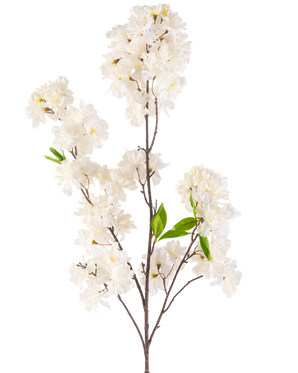 Un fiore di ciliegio artificiale color crema da 119 cm con grappoli di delicati fiori bianchi e alcune foglie verde brillante su sottili steli marroni, isolati su uno sfondo bianco.