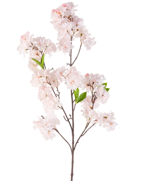 Il fiore artificiale Cherry Blossom 119 cm blush ha un singolo ramo di ciliegio con mazzi di fiori rosa chiaro e alcune foglie verdi su uno sfondo bianco.