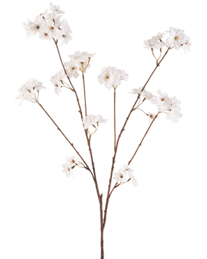Il fiore artificiale Cherry Blossom 114 cm crema ha uno stelo marrone che si ramifica in steli più piccoli, ciascuno decorato con delicati fiori artificiali in una tonalità bianco crema, su uno sfondo bianco a tinta unita.