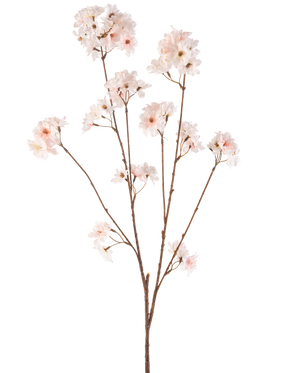 Il fiore artificiale Cherry Blossom 114 cm blush ha un unico stelo marrone con diversi rami sormontati da delicati fiori di ciliegio rosa cipria, splendidamente isolati su uno sfondo bianco.
