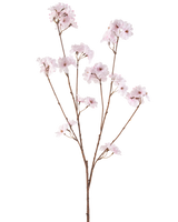 De Kunstbloem Kersenbloesem 114 cm lichtroze heeft een enkele bruine tak met meerdere dunne stengels, elk versierd met trosjes delicate, lichtroze kersenbloesems, tegen een effen witte achtergrond.