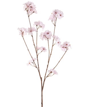 Il fiore artificiale di ciliegio da 114 cm rosa chiaro ha un unico ramo marrone con più steli sottili, ciascuno decorato con mazzi di delicati fiori di ciliegio rosa chiaro, su uno sfondo bianco semplice.