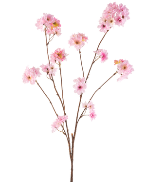 Il fiore artificiale di ciliegio rosa da 114 cm ha diversi steli marroni sottili con mazzi di fiori di ciliegio rosa tenue su uno sfondo bianco semplice.