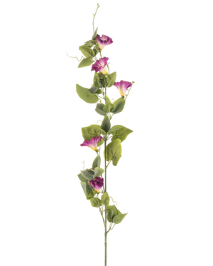 Il fiore artificiale del convolvolo color malva da 122 cm ha un unico stelo verde alto con molteplici fiori color malva e ipomea bianchi e foglie verdi lungo la sua lunghezza, su uno sfondo bianco.