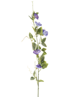De Kunstbloem Winde 122 cm paars heeft een lange groene steel met verschillende groene bladeren en paarse, trompetvormige kunstbloemen, verticaal gerangschikt tegen een effen witte achtergrond.