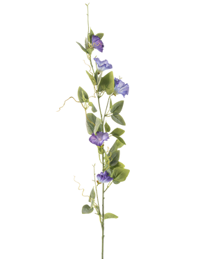 Il fiore artificiale del convolvolo viola da 122 cm ha un lungo stelo verde con diverse foglie verdi e fiori artificiali viola a forma di tromba, disposti verticalmente su uno sfondo bianco semplice.