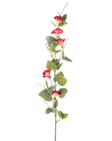 Een enkele steel van Kunstbloem Winde 122 cm rood, met verschillende rode kunstbloemen en groene bladeren tegen een effen witte achtergrond.