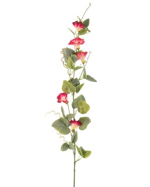 Un singolo stelo di fiore artificiale di convolvolo rosso di 122 cm, con diversi fiori artificiali rossi e foglie verdi su uno sfondo bianco.