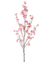 De Kunstbloem Kersenbloesem 150 cm roze heeft een enkele bruine tak met meerdere dunne stengels, versierd met trosjes delicate roze kersenbloesems en een paar groene bladeren, geïsoleerd op een witte achtergrond.