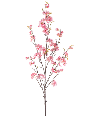 Il fiore artificiale di ciliegio rosa 150 cm ha un unico ramo marrone con più steli sottili, decorato con mazzi di delicati fiori di ciliegio rosa e alcune foglie verdi, isolate su uno sfondo bianco.