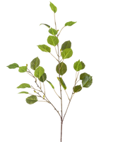 De Kunsttak 118 cm groen is een enkele dunne tak met meerdere groene bladeren en kleine knoppen, geïsoleerd op een witte achtergrond.