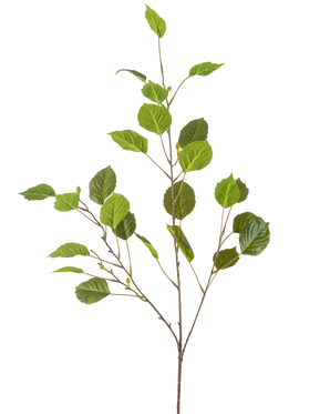 Il Ramo Artificiale 118 cm verde è un unico ramo sottile con molteplici foglie verdi e piccoli boccioli, isolati su uno sfondo bianco.