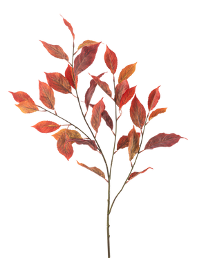 Il fiore artificiale foglia di olmo rosso da 113 cm ha più steli sottili con vivaci foglie autunnali rosse e arancioni, isolate su uno sfondo bianco.