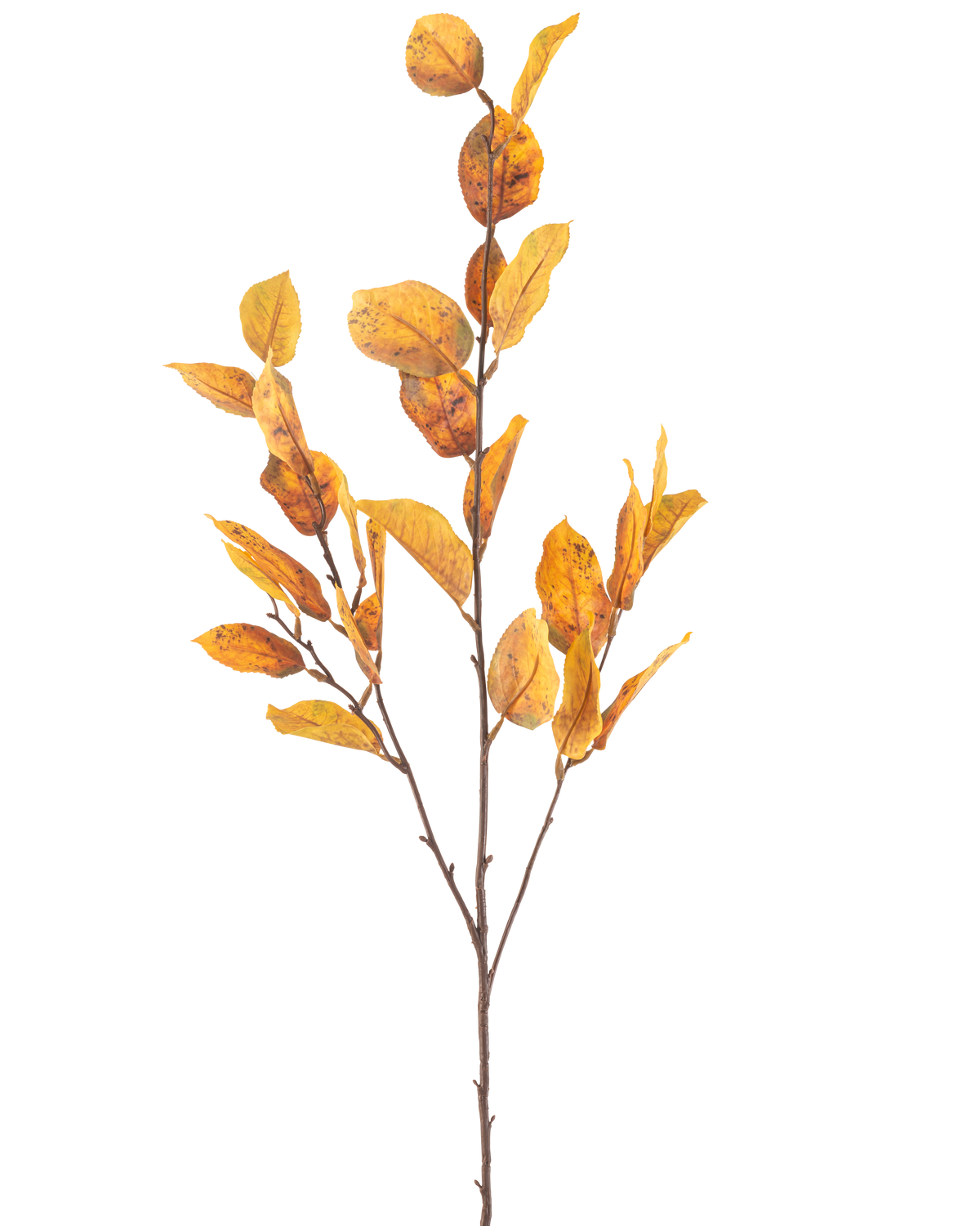 Il fiore artificiale foglia di limone 107 cm giallo ha un unico ramo marrone con mazzi di foglie autunnali gialle, isolate su sfondo bianco.