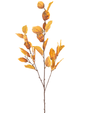Il fiore artificiale foglia di limone 107 cm giallo ha un unico ramo marrone con mazzi di foglie autunnali gialle, isolate su sfondo bianco.