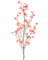De Kunstbloem Kersenbloesem 150 cm perzik heeft een enkele hoge tak met meerdere dunne stengels, versierd met trosjes kleine roze en rode bloesems en een paar groene bladeren, tegen een effen witte achtergrond.