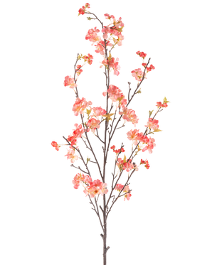 Il fiore artificiale di ciliegio color pesca da 150 cm ha un unico ramo alto con molteplici steli sottili, decorati con grappoli di piccoli fiori rosa e rossi e alcune foglie verdi, su un semplice sfondo bianco.