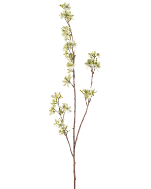 Il fiore artificiale Fiori 102 cm verde ha un unico stelo alto con diversi germogli sottili, decorati con mazzi di piccoli fiori bianchi e verde chiaro, su uno sfondo bianco a tinta unita.