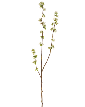 La scatola per semi di rami artificiali color crema da 104 cm ha un singolo ramo marrone con piccole foglie verdi e mazzi di piccoli fiori bianchi su uno sfondo bianco semplice.