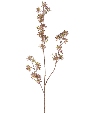 Il fiore artificiale fiori viola/verde da 102 cm ha un unico stelo marrone con rami multipli, ciascuno decorato con piccole foglie maculate viola e verdi, su uno sfondo bianco semplice.