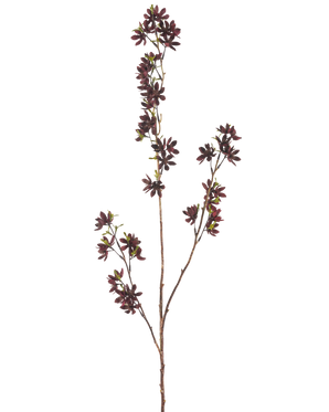 Il fiore artificiale fiori bordeaux da 102 cm ha un ramo alto con diversi steli sottili, ciascuno con piccoli fiori bordeaux scuro e alcune foglie verdi, su uno sfondo bianco semplice.