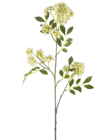 De Kunstbloem Wilde peen 102 cm crème heeft een enkele hoge steel met trosjes kleine crème bloemen en verschillende groene, gekartelde bladeren tegen een witte achtergrond.