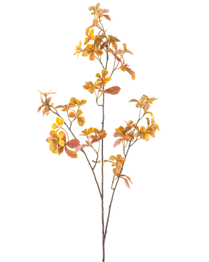 Il ramo artificiale Enkianthus giallo da 112 cm è un ramo artificiale singolo con steli multipli e foglie autunnali gialle, su uno sfondo bianco semplice.