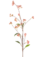 De Kunstbloem Bessen 95 cm roze heeft een lange, dunne steel met een aantal kleine trosjes roze bessen en een paar groene blaadjes, afgebeeld tegen een effen witte achtergrond.